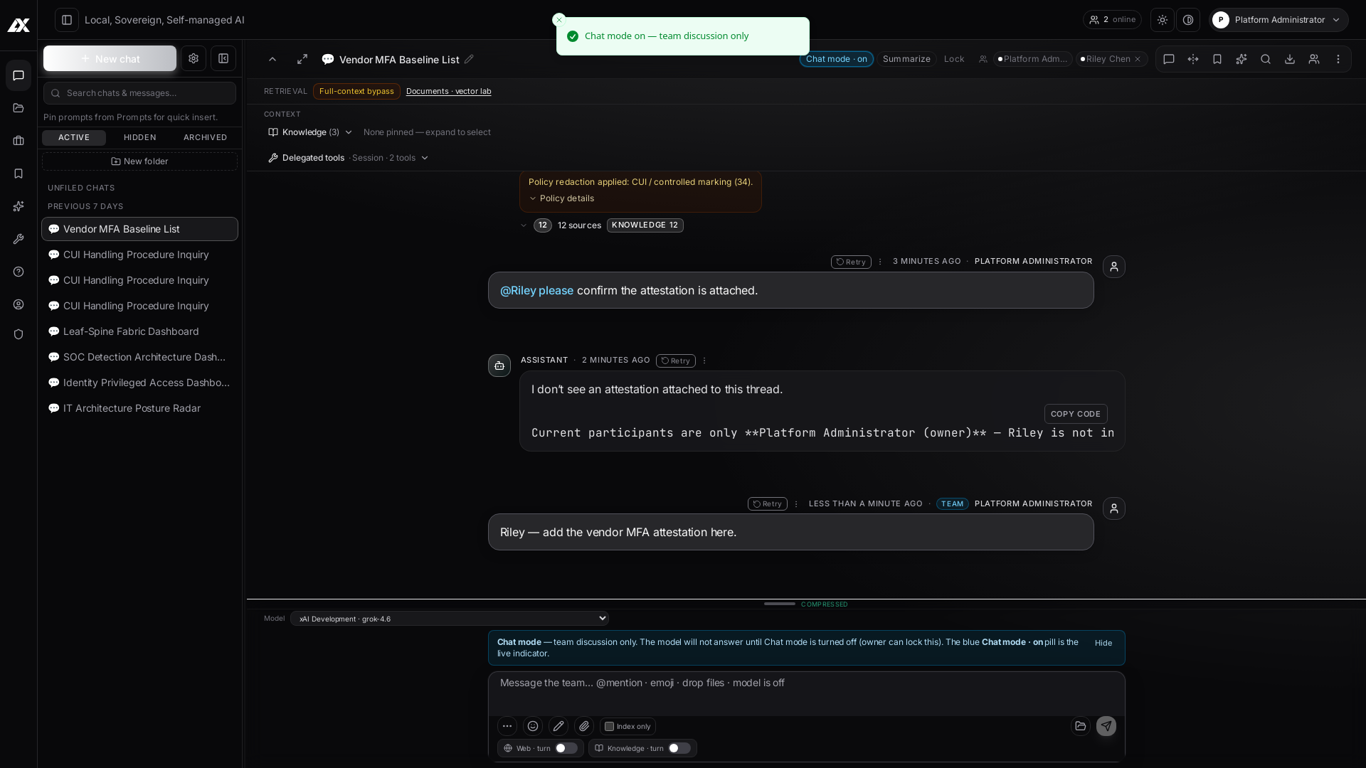 As-built LASSX Chat mode on with a TEAM human note in the shared thread.