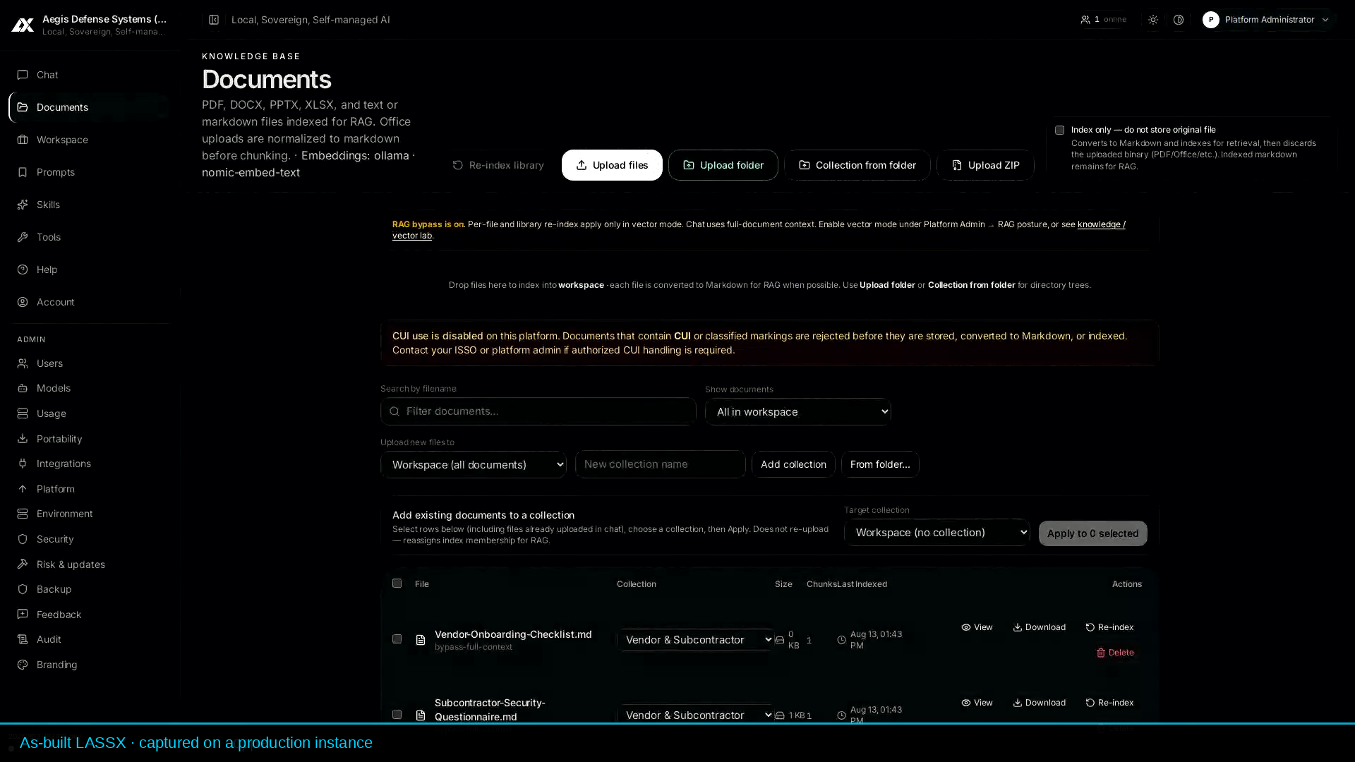As-built LASSX knowledge library with collections and indexed documents.