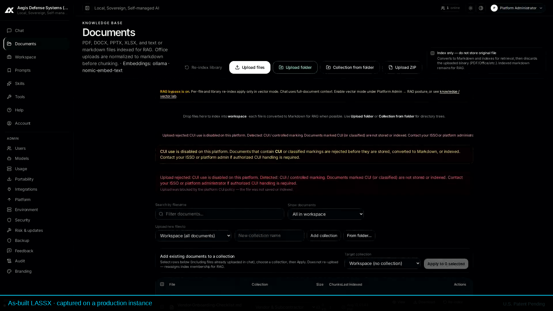 As-built LASSX Documents view blocking a CUI-marked upload.
